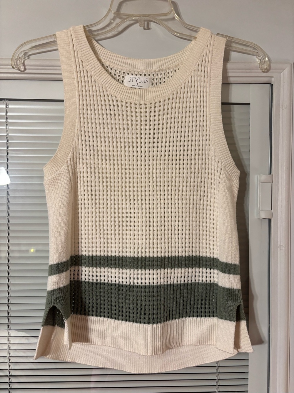 STYLUS Cream Knit Tank with Olive Stripe Accents